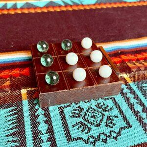 Handmade Vintage Tic Tac Toe - Solid Wood Board with 9 Marbles - Built in Storag